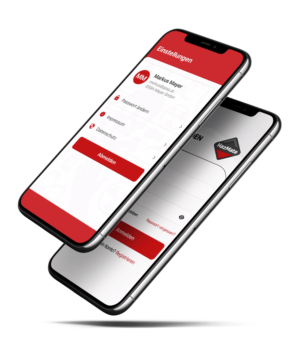 HazMate-App mit Anmeldung und Einstellungen auf zwei Smartphones